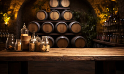 Warm ambient wine cellar with vintage wooden barrels stacked, a classic winemaking tradition, and a rustic wooden tabletop for product display