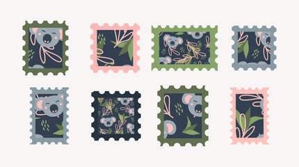 Collection of cute koala animal postage stamps. 