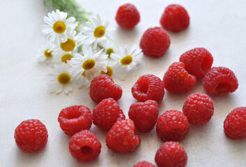 fresh tasty raspberries with white background