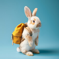 Cute little bunny wearing a backpack is ready for school, minimal pastel blue background. Easter holiday education ideas - obrazy, fototapety, plakaty