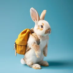 Fotobehang Cute little bunny wearing a backpack is ready for school, minimal pastel blue background. Easter holiday education ideas © PasAI Photography