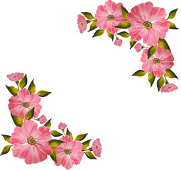 beautiful  frame of pink rosehip flowers and leaves