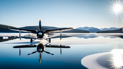 A minimalist and simple photograph of a matte black propeller, hovering above an icy lake's reflection.