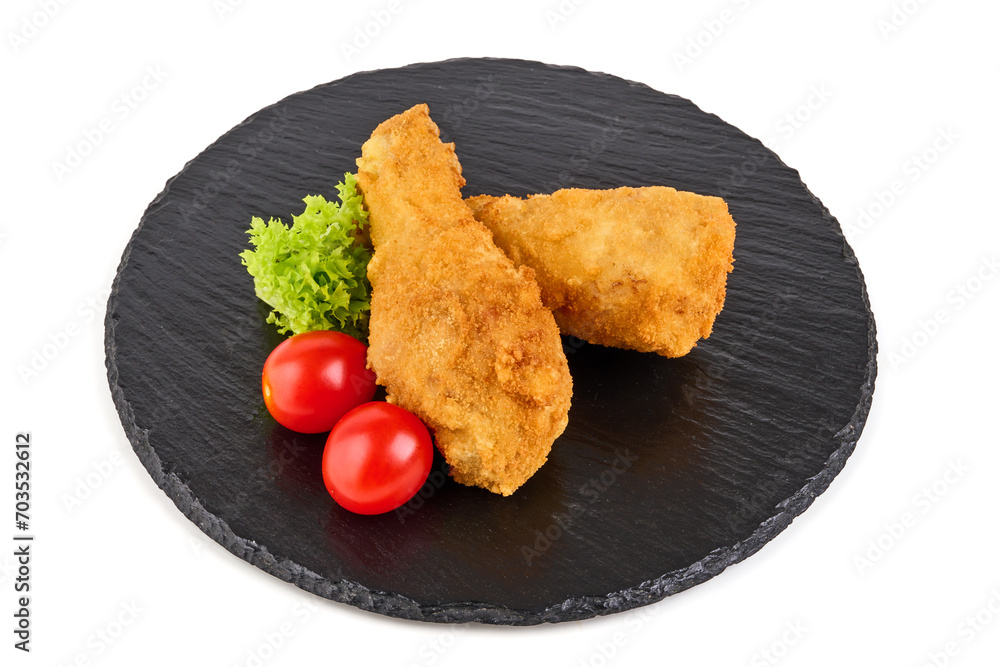 Sticker Breaded crispy chicken legs with ketchup, isolated on white background.