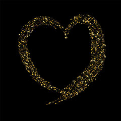 Obraz premium Confetti with gold glitter in the shape of a heart on a black background. Shiny particles and sand are scattered. Decorative element, golden heart. Luxury holiday background, vector