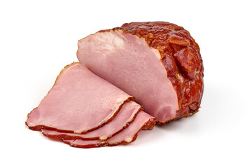 Cold smoked meat with slices, isolated on white background.