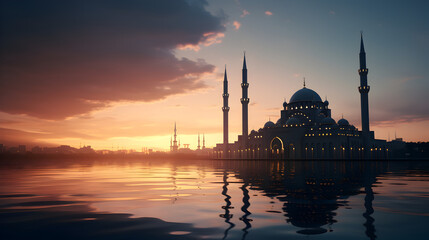 Fototapeta premium view of mosque with sunset, ramadan