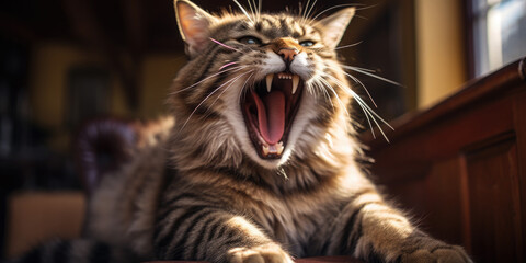 Close-up portrait of a tabby angry cat with an open mouth. Humorous photo.