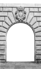 Stone wall doorway on white background. Gothic Quarter street in Catalonia. Typical architecture