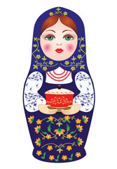 Isolated beautiful Russian matryoshka. Wooden doll in a blue scarf and dress. Floral pattern. He holds a beautiful souvenir box in his hands. Present. Sample. Vector 