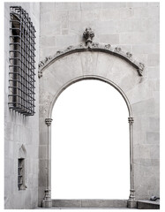 Ancient with stone arcade archway on white background. Gothic Quarter street in Catalonia.