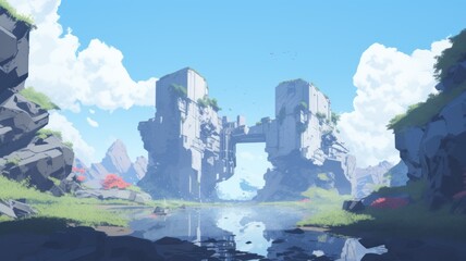 panorama of the mountains and fallen ruins. Digital made background. Generative AI