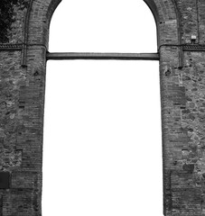 Arched farmland doorway on white background. Old brick wall texture png background, Catalonia.