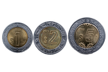 Monedas mexicanas de 1, 2 y 5 pesos del año 2023