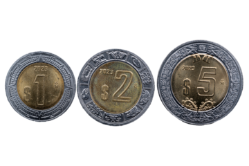 Monedas mexicanas de 1, 2 y 5 pesos del año 2023