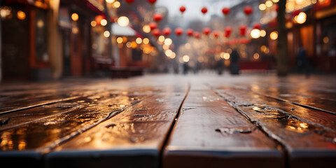 Empty Wooden Table with Blurred Ancient Chinese Town Background, Decorated with Hanging Lanterns - obrazy, fototapety, plakaty