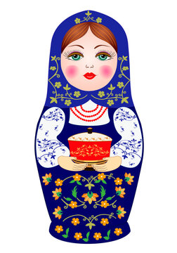Isolated beautiful Russian matryoshka. Wooden doll in a blue scarf and dress. Floral pattern. He holds a beautiful souvenir box in his hands. Present. Sample. illustration