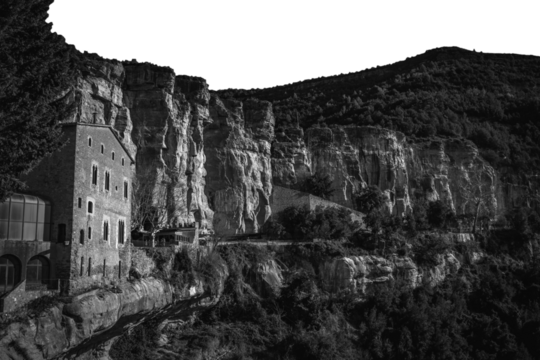 Mountain view of Natural park on white background. Sant Miquel del Fai photo. Miravet town.