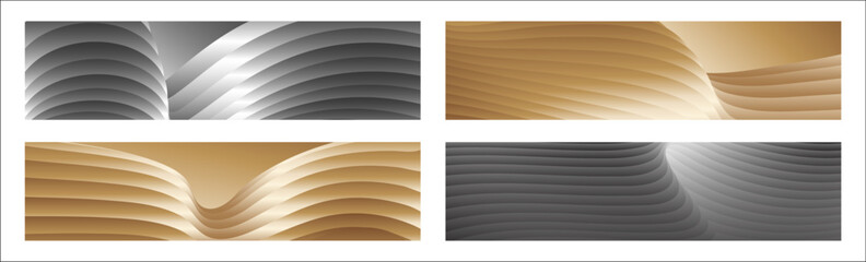 Wavy silver and gold parallel gradient lines, ribbons, silk. Set of 4 backgrounds. Black and white with shades of gray or golden silk. Banner, poster. eps vector