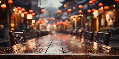 Empty Wooden Table with Blurred Ancient Chinese Town Background, Decorated with Hanging Lanterns - obrazy, fototapety, plakaty