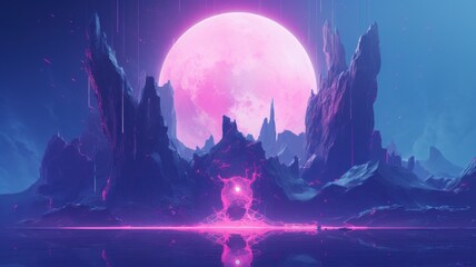 landscape with moon and snow. Purple digital made illustration. Beautiful 4K Background. Generative AI