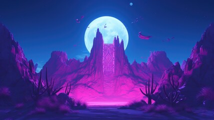 landscape with moon. Beautiful 4K purple Background. Digital Illustration. Generative AI