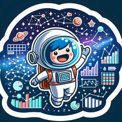 Un personaje amigable como explorador espacial, navegando a través de una galaxia de puntos de datos e infografías.