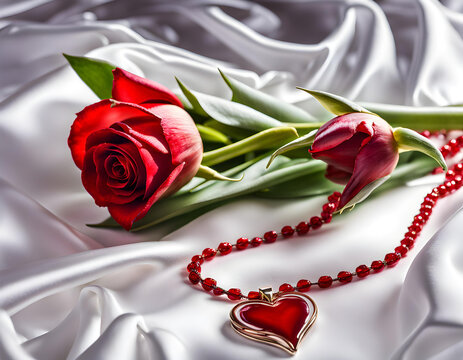 Computer screen shot image of long red rose flower laying beside red topaz chain on shiny white velvet