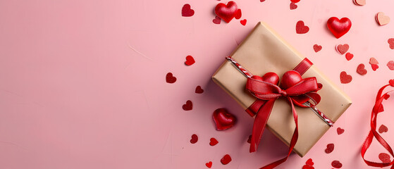 A heartfelt valentine's day surprise, adorned with a carmine ribbon and a delicate rose, carefully crafted with love and wrapped in brown paper, ready to be presented as a cherished gift or wedding f