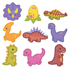 ilustración de dinosaurios tiernos sobre transparencia. T-rex, triceratops, huevo, Parasaurolophus, Estegosaurio, braquiosaurio, Anquilosaurio, brontosaurio. Clip art © VicOliver