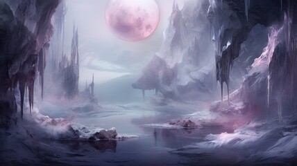 landscape with the moon. Purple digital background landscape. Generative AI