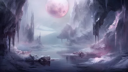 Fototapete Lavendel landscape with the moon. Purple digital background landscape. Generative AI