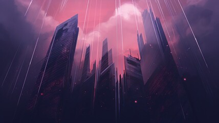 sunrise over the city. Purple Digital Made landscape. Generative AI