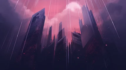 Poster sunrise over the city. Purple Digital Made landscape. Generative AI © ArtSpree