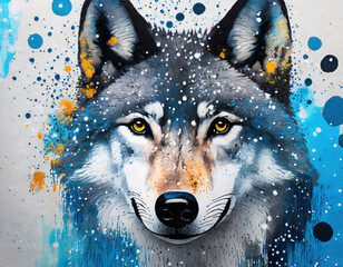Closeup of wolf head in acrylic paint drawing style