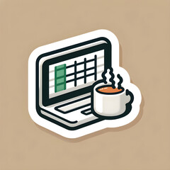 A cozy and friendly Excel icon in a coffee shop setting, with a cup of coffee and a laptop displaying an Excel sheet.