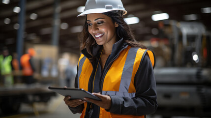 Industrial Efficiency Smiling Engineer with Tablet on Factory Floor