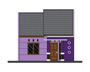 vector design of a simple, modern minimalist house building in light purple and dark purple seen from the front with two windows, one door and one window in the right corner