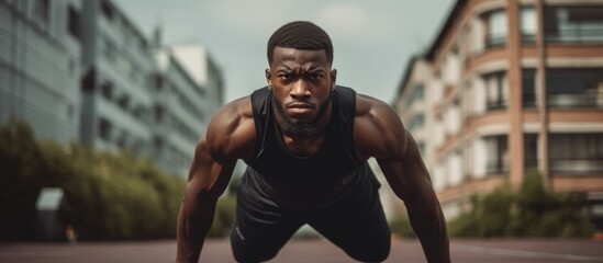 Black male athlete training outdoors, warming up on track for fitness, sports performance, and commitment to cardio workout.