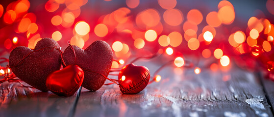 Romantic ambiance glows with a blend of valentine's day love and christmas spirit in the form of heart-shaped ornaments, flickering candles, and warm red lights