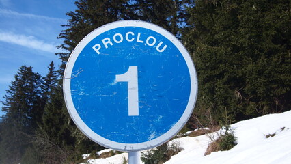 Sign number 1. Blue ski slope, Proclou, Morzine, France - obrazy, fototapety, plakaty