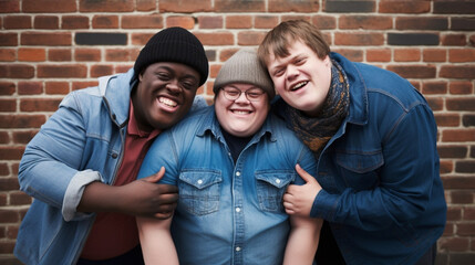copy space, stockphoto, high quality photo, young man with down syndrome posing with other friends. Accepting people with disiblilties or mental disadvantaged people. Disability awareness theme. - obrazy, fototapety, plakaty