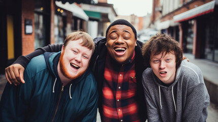 copy space, stockphoto, high quality photo, young man with down syndrome posing with other friends. Accepting people with disiblilties or mental disadvantaged people. Disability awareness theme.