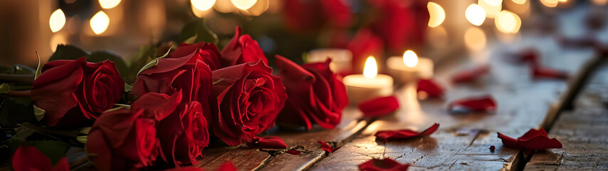 Amidst the cozy indoor glow of christmas candles, a vibrant bouquet of red roses adds a touch of warmth and elegance to the festive ambiance - obrazy, fototapety, plakaty