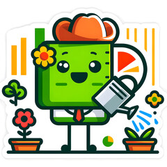 A cute design featuring an Excel icon as a gardener, watering plants shaped like various Excel charts and graphs, symbolizing the nurturing and growth of data.