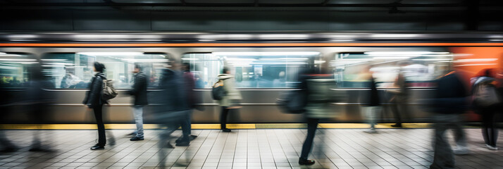 Blurred people walking in the busy subway station, motion blur time-lapse commuters