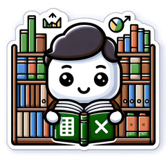 A charming design of a friendly Excel icon as a librarian, surrounded by bookshelves with books and data charts.