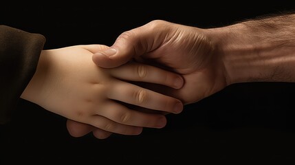 Handshake of a man and a child on a black background. Happy Fathers Day