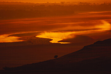 Sunrise landscape, colorful warm cold nature, world, river, hills and village
