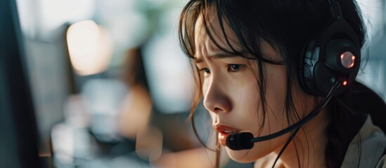 An overwhelmed Asian female call centre operator deals with customer complaints while feeling stressed and exhausted. - obrazy, fototapety, plakaty